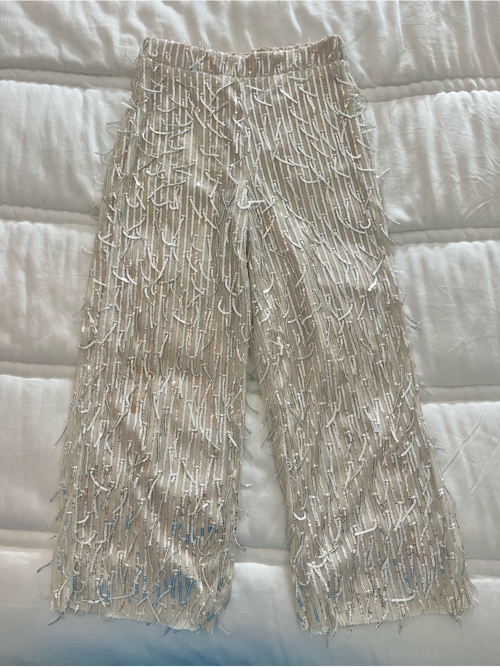 Zara Cream Beaded Fringe Wide-Leg Pants
